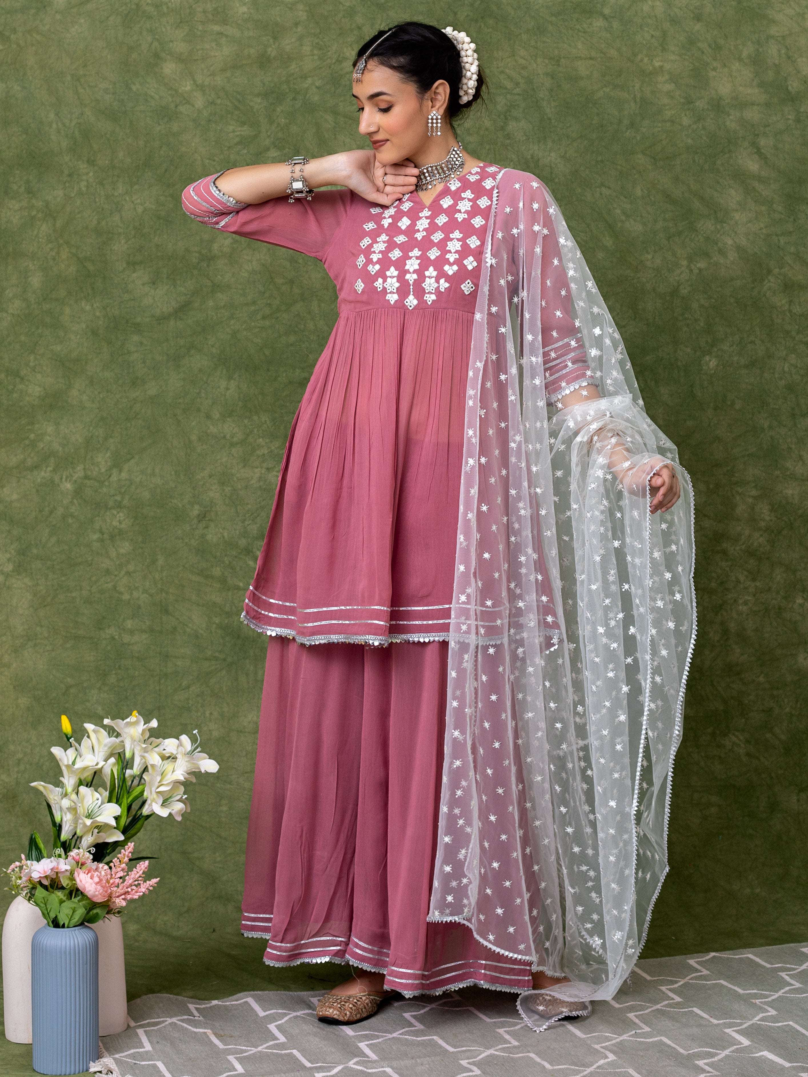 Lavender Embroidered Kurti with Gathers and Flared Palazo Paired with Dupatta